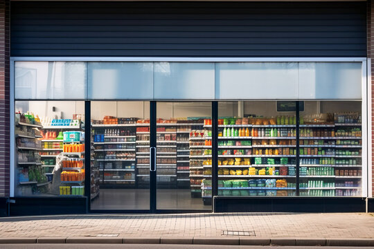 Urban modern grocery store with large windows, visible from the street, showcasing a bright and inviting atmosphere for customers. Daylight illuminates the store's contemporary design. Generative AI