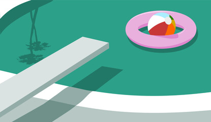 Retro pool with inflatables and diving board