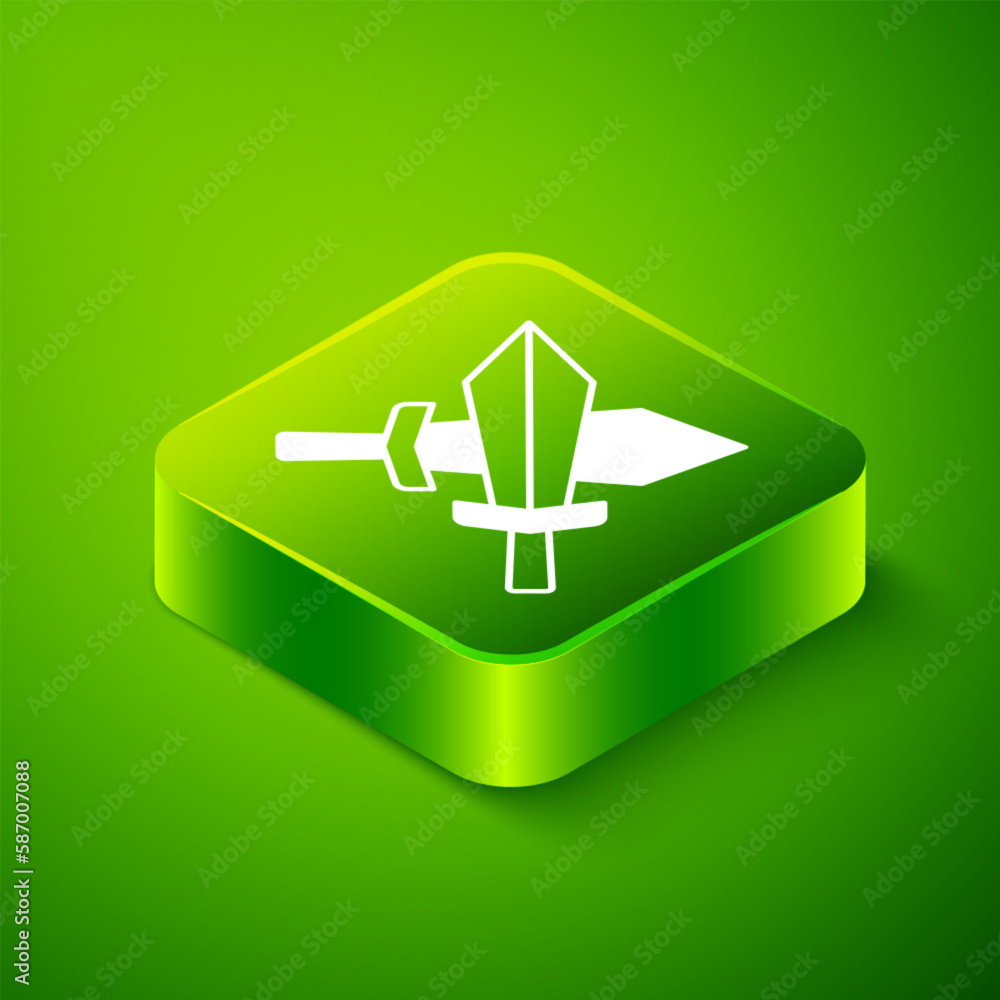 Poster Isometric Sword for game icon isolated on green background. Green square button. Vector