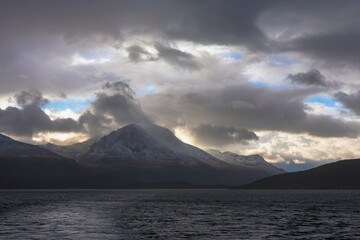 A threatening sky over Tromsøysundet, an 11-kilometre long strait in Tromsø Municipality. Troms, Northern Norway, separating the island of Tromsøya from the mainland east of the island