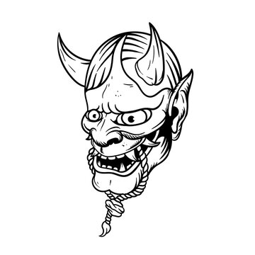 Hand drawn illustration of classic japanese oni mask outline