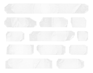 Collection of adhesive tape pieces on transparent background, isolated