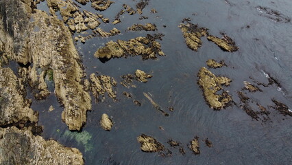 Rocky seashore, top view. Big rocks in the water. Seascape. Brown rock