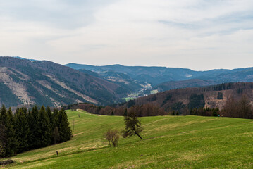 Horni Lomna with hills around from Kamenite in Moravskoslezske Beskydy mountains in Czech republic