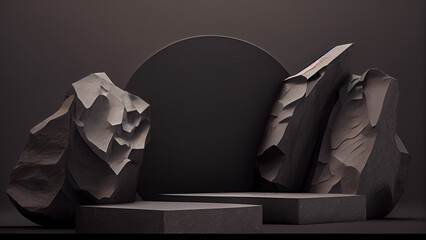 Dark stone podium for display product. 3d illustration