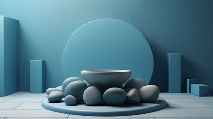 Soothing Blue Background with Masonry Stones and Presentation Podium