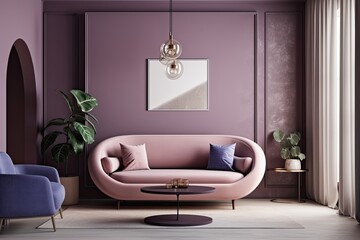 Create a Stylish Home Interior Design with Peri-Trend Colors - Living Room with Lavender Wall & Blue Violet Sofa, Generative AI