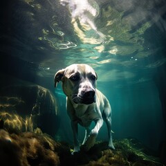 Intimate Underwater Encounter: Swimming Dog Captured in Closeup Shot of the Sea. Generative AI