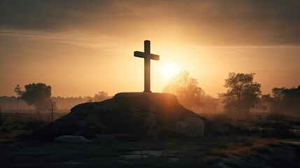 The Crucifix of Faith: A Jesus Christ Silhouette at Sunrise with a Holy Tomb at Dawn: Generative AI