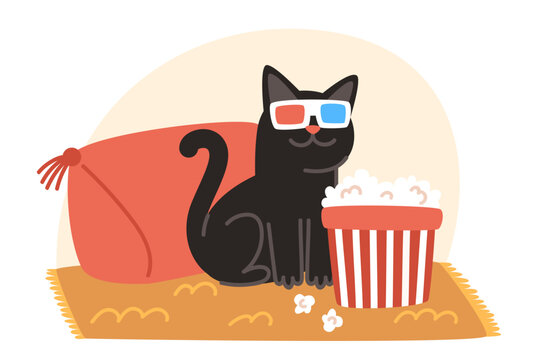 A cat with 3D glasses watches a movie and eats popcorn