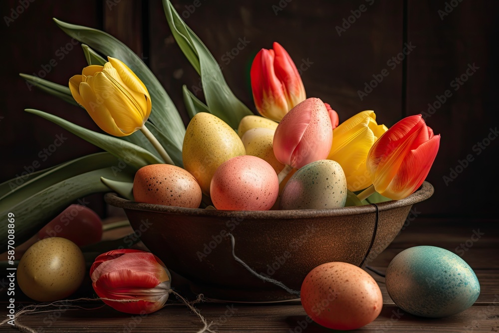 Poster spring-themed table setting with a bowl of eggs and fresh tulips as centerpiece. generative ai