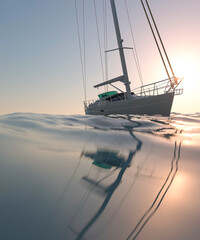 Beautiful modern yacht at sunset on calm seas relaxing holiday 3d render