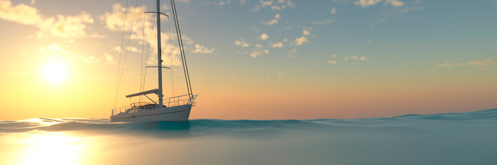 Beautiful modern yacht at sunset on calm seas relaxing holiday 3d render