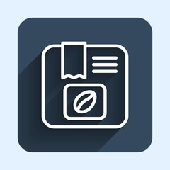White line Bag of coffee beans icon isolated with long shadow background. Blue square button. Vector