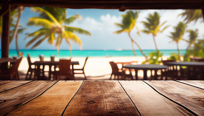 Wooden table in the foreground and soft focus summer beach and a bar in the blurred background (tropical resort banner as a tropical holiday concept), generative AI