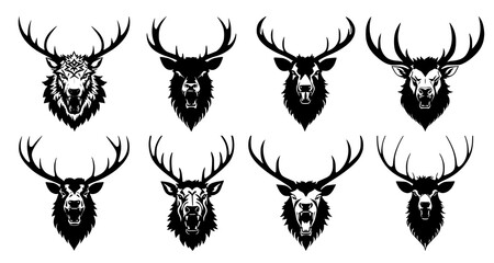 Obraz premium Set of deer heads with open mouth and bared fangs, with different angry expressions of the muzzle. Symbols for tattoo, emblem or logo, isolated on a white background.