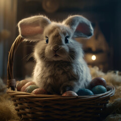 A stunningly cinematic shot of a cute and fluffy Easter bunny holding a basket of hand-painted eggs.