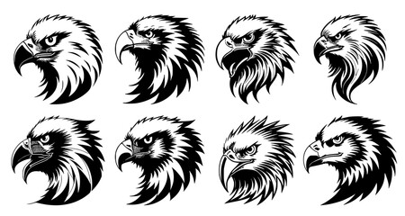 Fototapeta premium Set of eagle heads with big beaks, side view. Symbols for tattoo, emblem or logo, isolated on a white background.