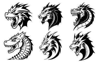 Set of dragon heads with open mouth and bared fangs, with different angry expressions of the muzzle. Symbols for tattoo, emblem or logo, isolated on a white background.