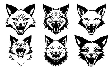 Set of fox heads with open mouth and bared fangs, with different angry expressions of the muzzle. Symbols for tattoo, emblem or logo, isolated on a white background.