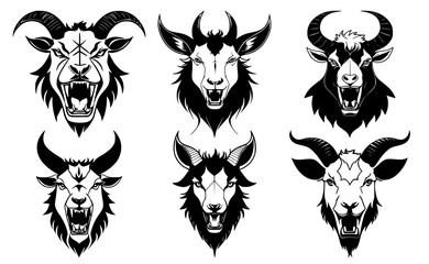 Set of goat heads with open mouth and bared fangs, with different angry expressions of the muzzle. Symbols for tattoo, emblem or logo, isolated on a white background.