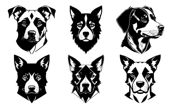 Set of dog heads with calm expressions of the muzzle. Symbols for tattoo, emblem or logo, isolated on a white background.