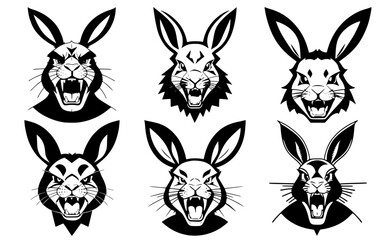 Set of rabbit heads with open mouth and bared fangs, with different angry expressions of the muzzle. Symbols for tattoo, emblem or logo, isolated on a white background.