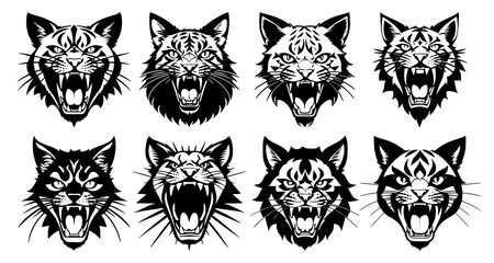 Set of cat heads with open mouth and bared fangs, with different angry expressions of the muzzle. Symbols for tattoo, emblem or logo, isolated on a white background. © Aleksei Solovev