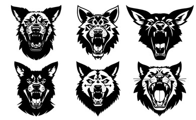 Set of dog heads with open mouth and bared fangs, with different angry expressions of the muzzle. Symbols for tattoo, emblem or logo, isolated on a white background.