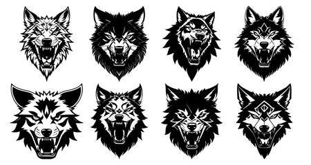 Set of wolf heads with open mouth and bared fangs, with different angry expressions of the muzzle. Symbols for tattoo, emblem or logo, isolated on a white background.