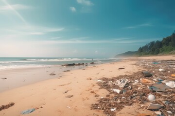 The beach is full of garbage and plastic waste. Generative AI.