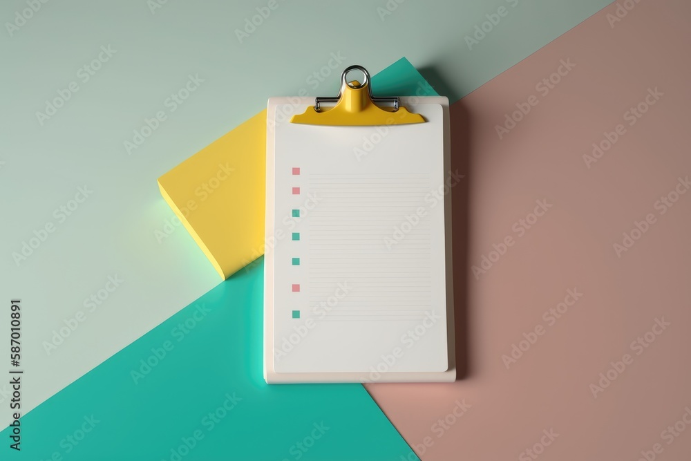 Poster clipboard with blank notepad on colorful background