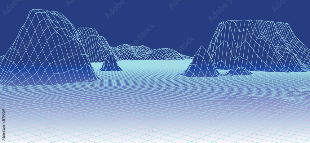 Poster abstract vector wireframe landscape background. wireframe landscape background. 3d futuristic vector