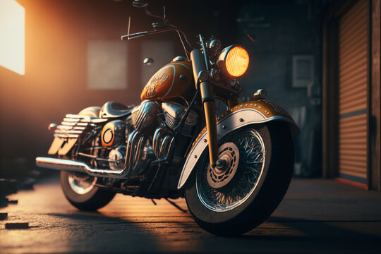 Illustration of custom chopper and bobber type motorcycles parked in the garage. Morning sunlight enters the garage from the open space. Motorcycles with high power and are parked on a slant.
