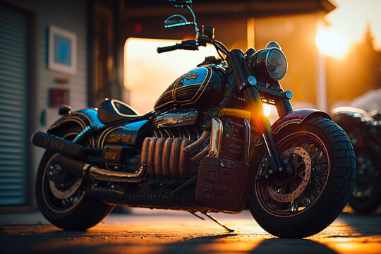 Illustration of custom chopper and bobber type motorcycles parked in the garage. Morning sunlight enters the garage from the open space. Motorcycles with high power and are parked on a slant.