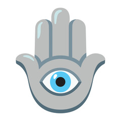 Hamsa vector icon. Isolated hand with an eye in the center of the palm sign label design. Ancient symbol important to multiple religions including Islam, Judaism, Buddhism, and Christianity. 