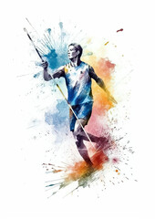Fototapeta na wymiar Javelin throw watercolor abstract illustration. One of the branches of athletics is the javelin throw. Colorful paint splatter javelin action, isolated on white background. AI generated illustration.