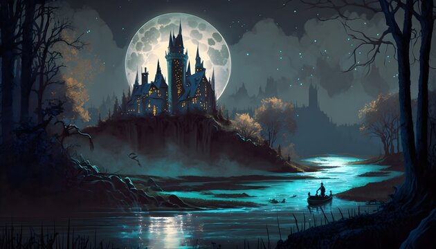 beautiful landscape with mysterious river, full moon over castles, illustration painting, Generative AI