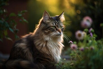 Naklejka na ściany i meble Sitting in the garden at dusk is a cat with shiny fur. a cat and a garden in the sun. Cat relaxing outside next to flowers. Generative AI