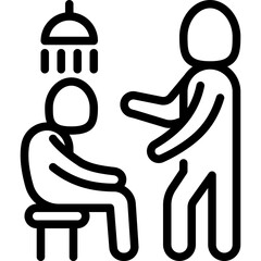 Caregiver with elderly person helps to take shower. Thin line icon. Assisted living in nurse house. Geriatric medicine. Vector illustration.