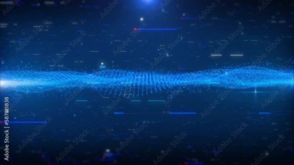 Poster Technology digital defocused grid pattern wave moving, swirl in hud ui system concept. Blue cyber space data network communication 4K motion background.