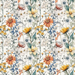 Generative AI - Seamless pattern design of vintage wildflowers for wallpaper background