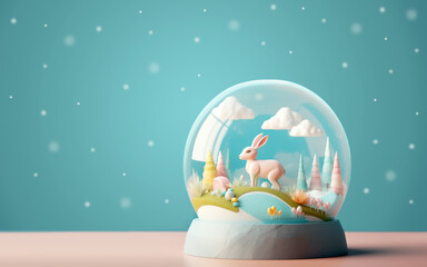Generative AI - Spring landscape with easter bunny inside a glass globe
