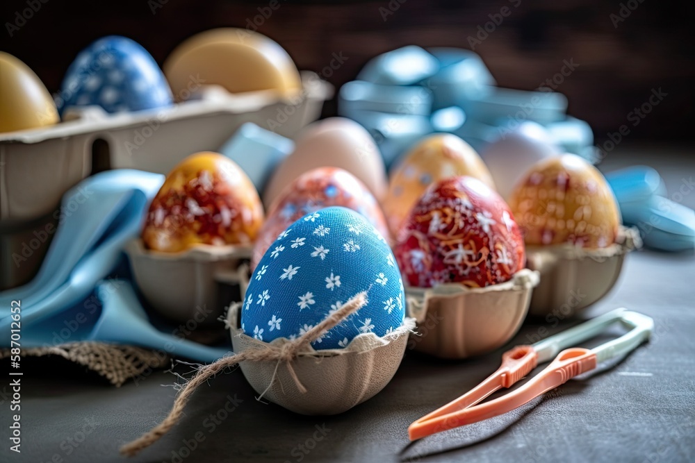 Aufkleber dozen eggs arranged neatly on a wooden table next to a pair of scissors. generative ai