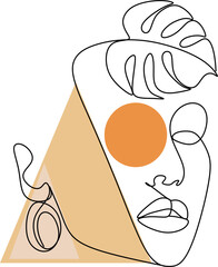 Floral pastel woman abstract line face. One line drawing