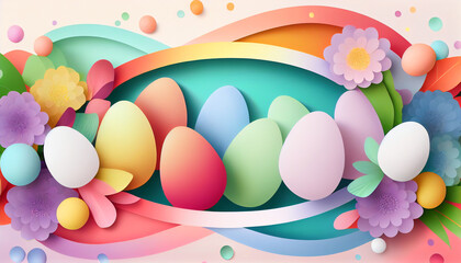 Happy Easter banner with colorful Easter eggs and multicolored flowers, generative AI