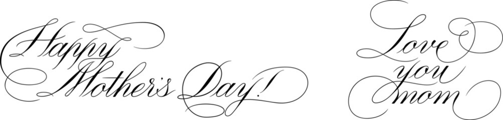 Happy Mothers Day - calligraphic lettering with elegant flourishes. Modern line calligraphy isolated on white background. Black ink illustration. Vector text in linear style.