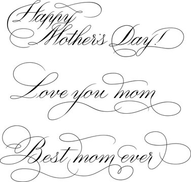 Happy Mothers Day - calligraphic lettering with elegant flourishes. Modern line calligraphy isolated on white background. Black ink illustration. Vector text in linear style.