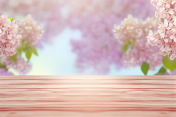 spring lilac background with wooden table, AI Generated