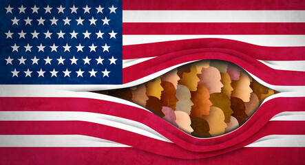American Diversity and USA immigration or United States diverse population as US citizenship or community concept as a flag with multicultural people 